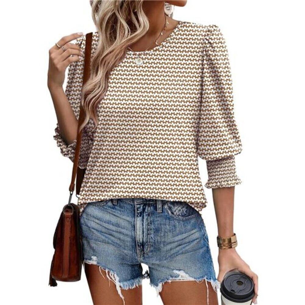 Striped 3/4 Sleeve Blouse Women Smocked Cuffs